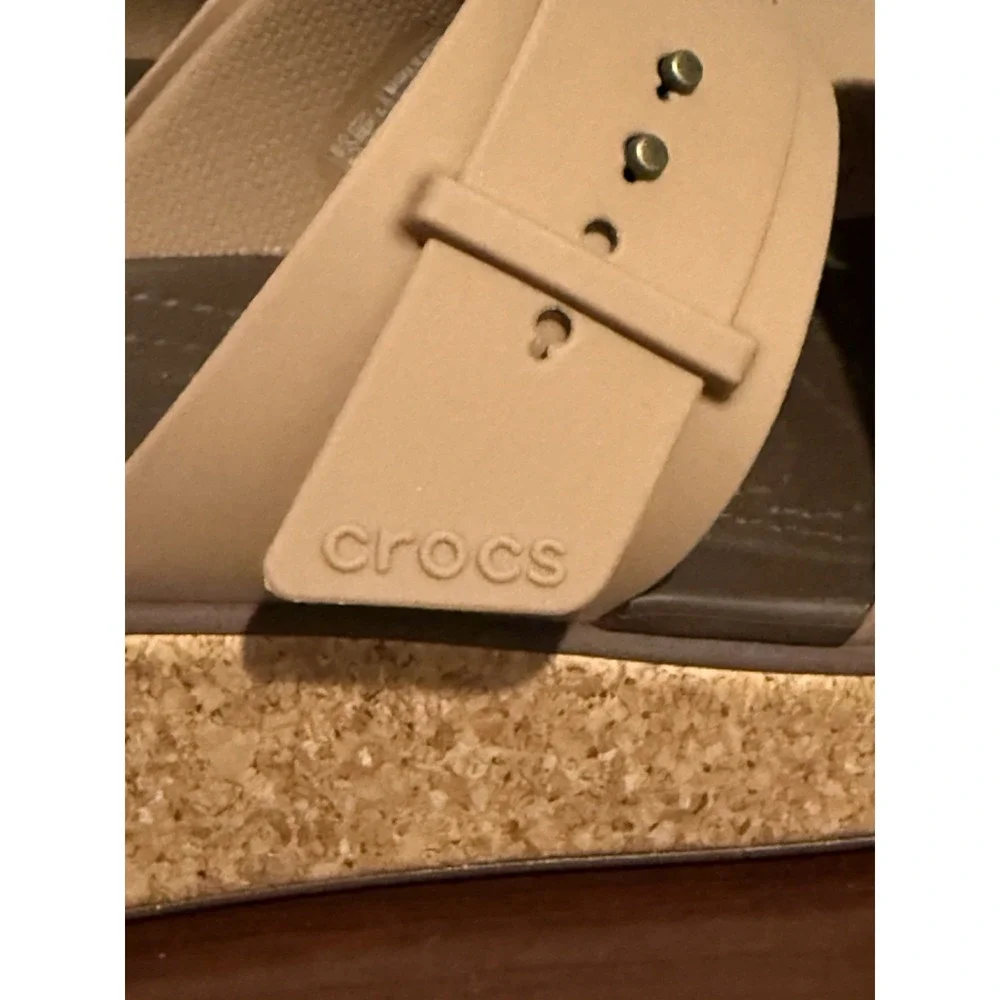 CROCS Tan and Brown Wedge Slide Sandals
